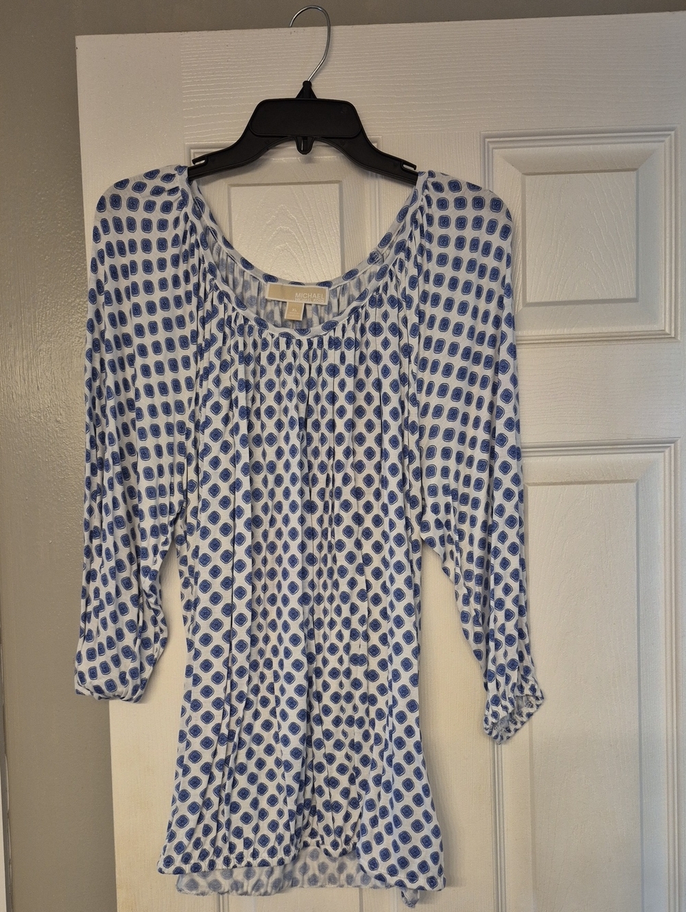 Michael Kors White and Blue Patterned Peasant Blouse